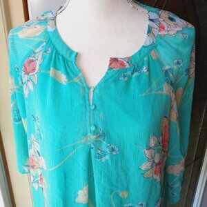 Small St. Johns Bay Teal Floral Blouse Sheer overlay beachy coastal grandma